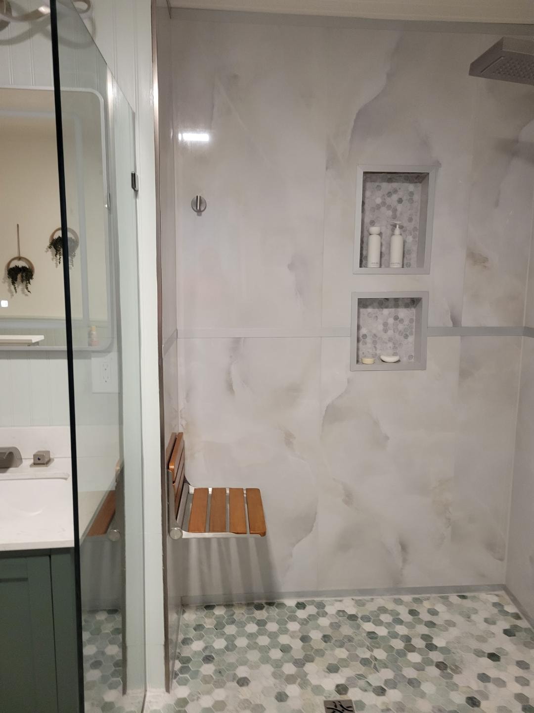 Bathroom renovation — walk-in shower with teak bench