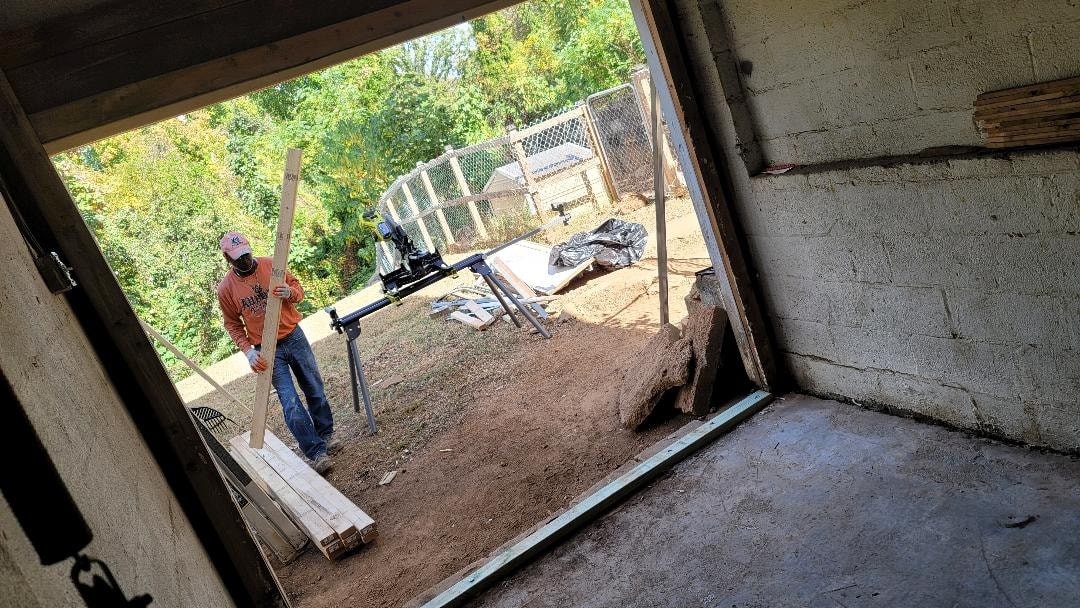 Garage door closure — framing and construction in progress